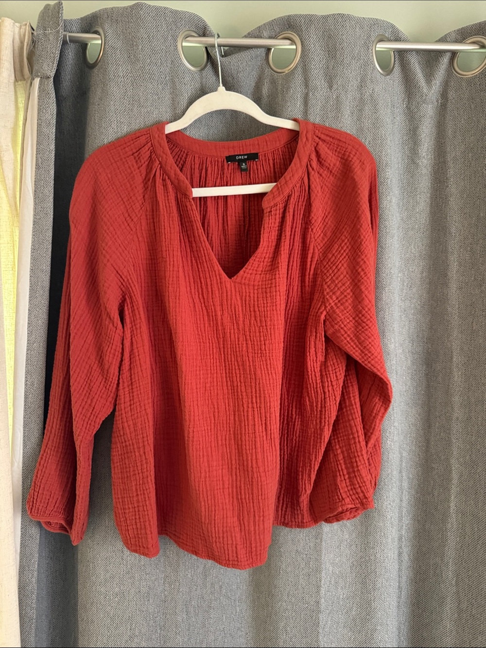 Brick Red Textured V-Neck Long-Sleeve Top